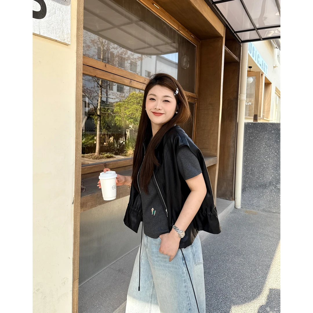 QC宣宣【甜酷卦】微胖大码女夏百搭时尚皮衣甜酷帅气马夹ZY505V35