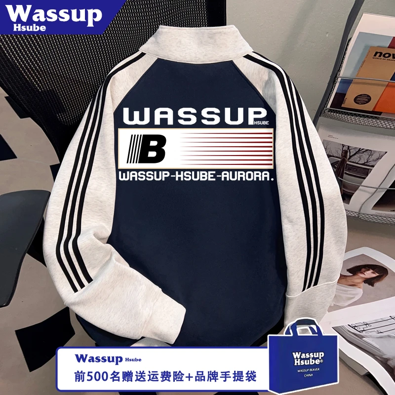 WASSUP HSUBE美式方框印花外套男女款三条杠卫衣秋冬拉链立领开衫