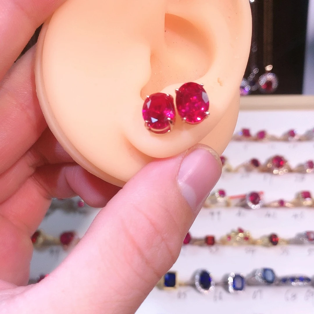 红宝石耳饰银S925镶嵌