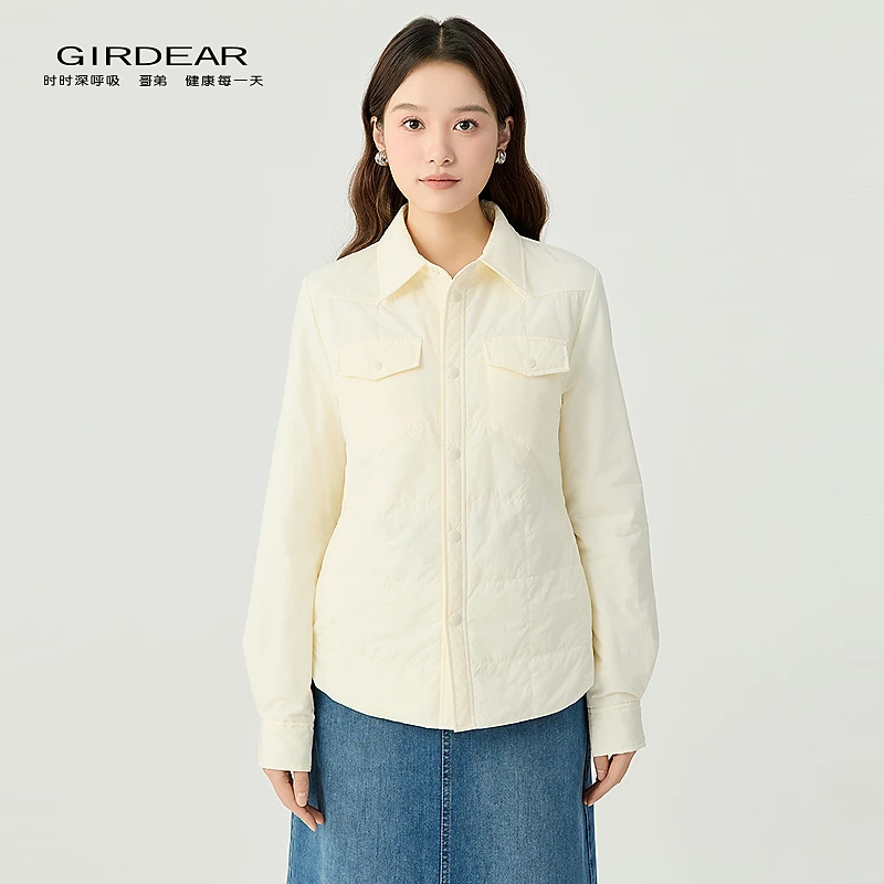 哥弟   品质女装简约百搭翻领双口袋轻里薄保暖新雪丽棉衣140018