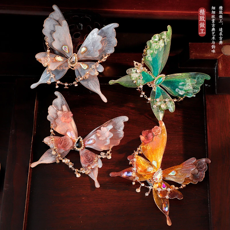 古风新款造液花渐变彩蝴蝶甜美头饰发饰对夹日常汉服头饰发饰古装