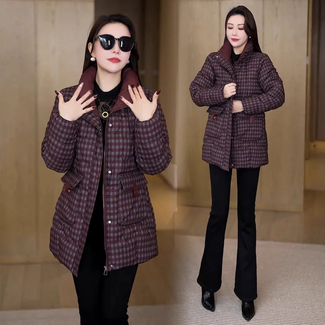 时尚中长款格子棉服女士2025年冬季网红新款加绒加厚立领棉袄外套