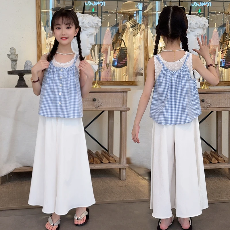 女童夏装格子吊带套装儿童时髦花边薄款上衣大童夏季九分裤两件套
