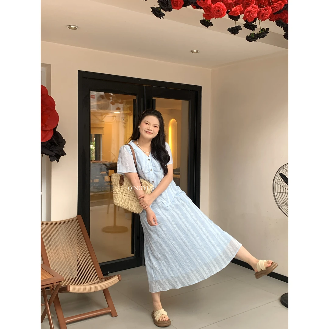 青屿衫-微胖显瘦度假风刺绣上衣+高腰半身裙两件套夏季大码女装