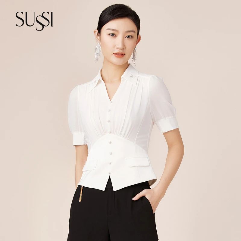 SUSSI/古色25夏商场同款白色通勤蕾丝拼接翻领刺绣短袖上衣衬衫女