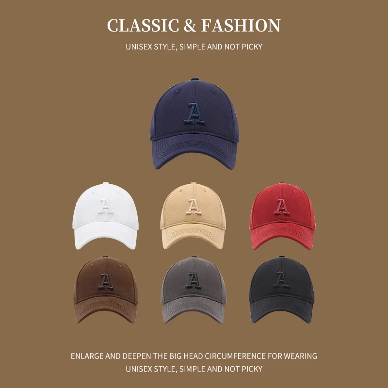 韩版刺绣A字母棒球帽四季女硬顶休闲户外大头围遮阳鸭舌帽子男ins