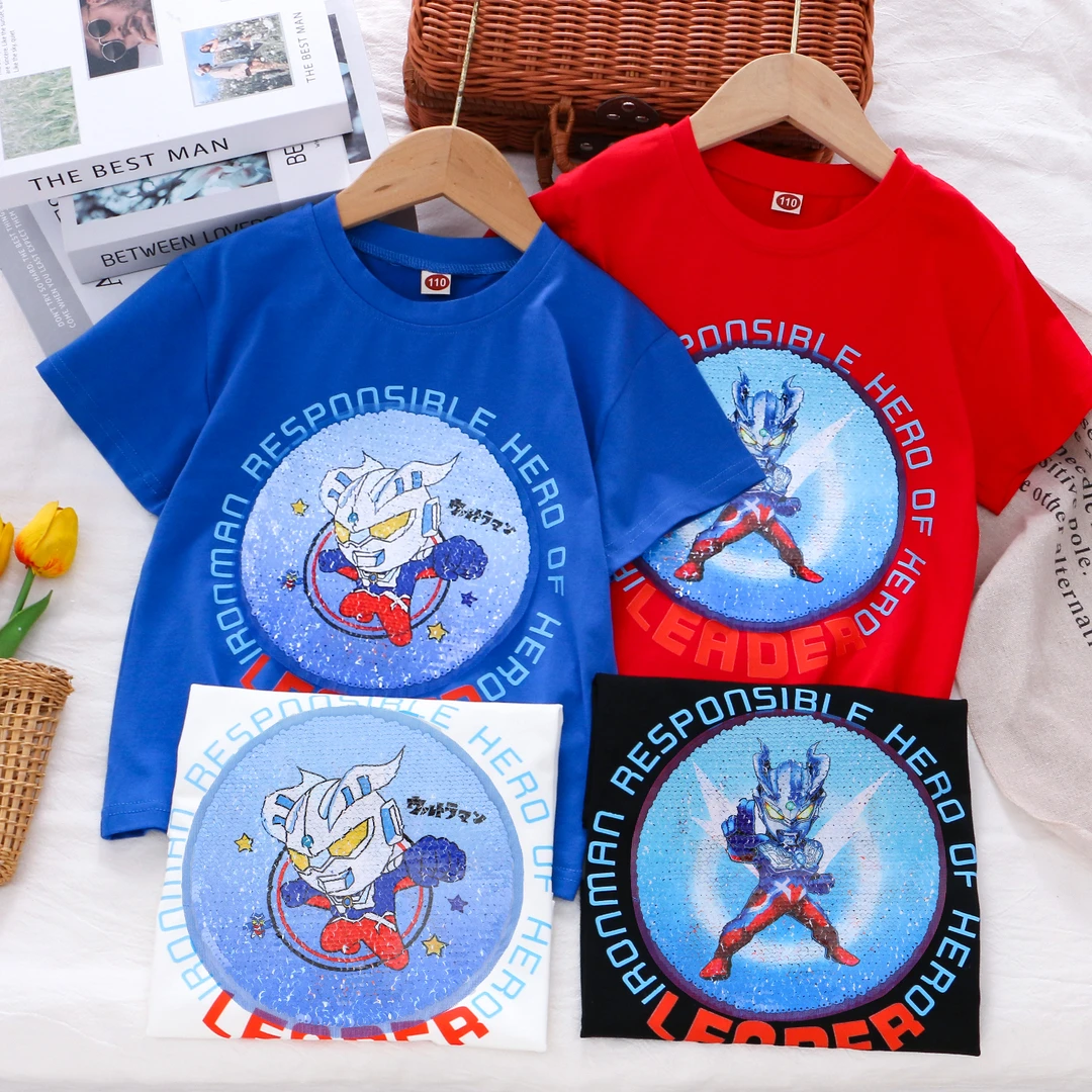 夏季新款体恤男童亮片变色衣服奥特曼双面珠片可变脸纯棉短袖t恤