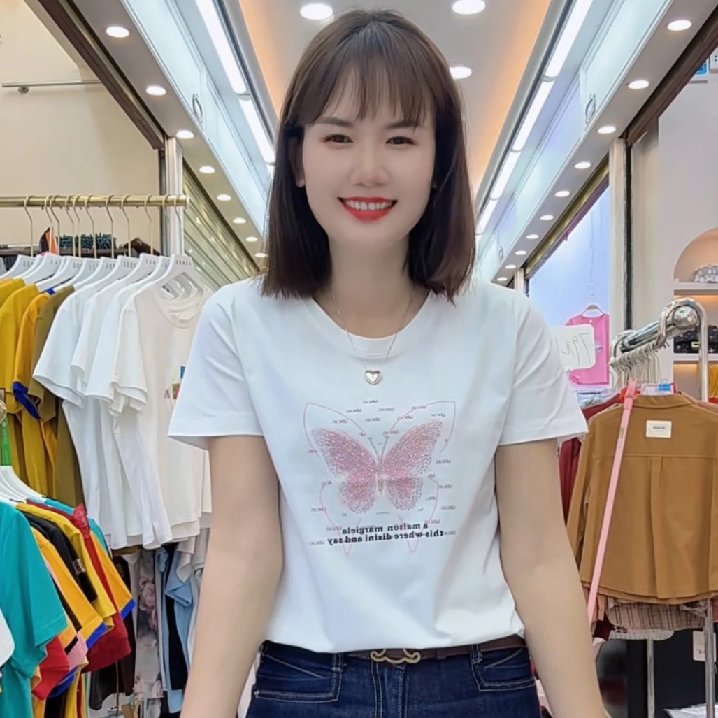 0319款时尚潮流百搭夏季显瘦汤钻休闲洋气女装棉料圆领短袖美姿