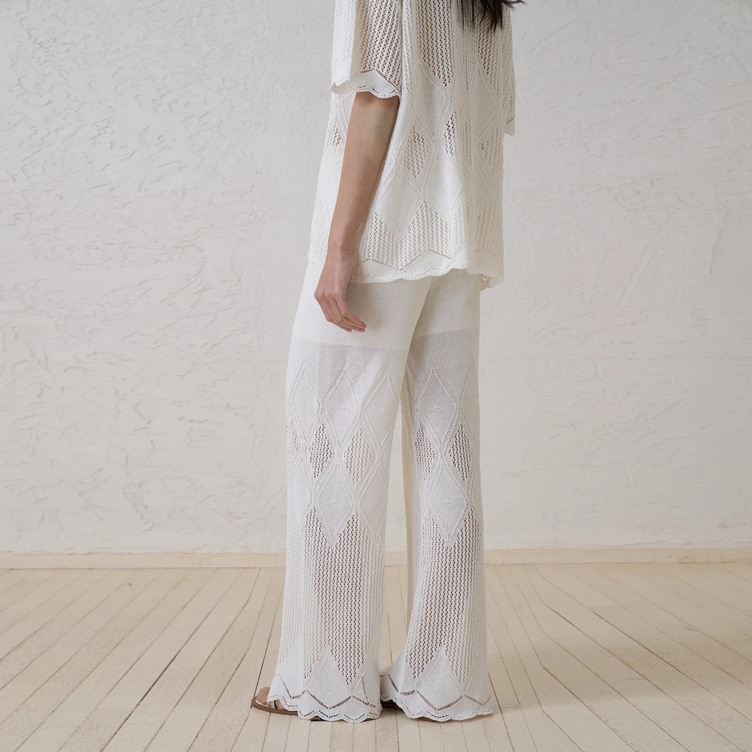 觉织Sensiyarn幻叶宽脚长裤JZJF083针织透气镂空度假风长裤女新款
