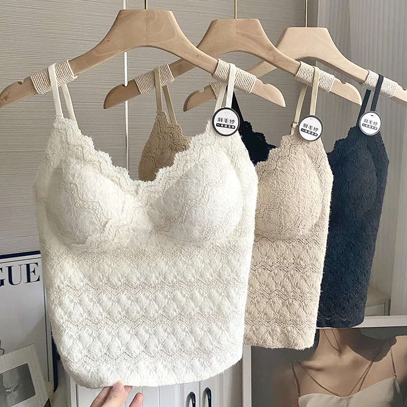 隐形肤磨毛带胸垫吊带上衣内搭秋季固定杯美背文胸一体背心女打底