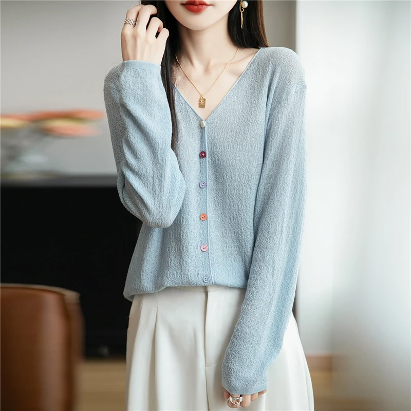 zuo/佐云奴早秋新款V领针织开衫长袖女打底纯色设计感宽松上衣