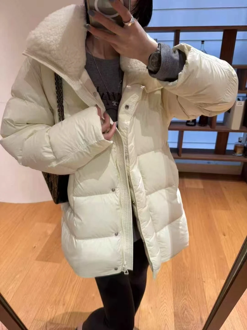 9807毛领收腰羽绒服女2025冬季新款韩系宽松中长款加厚白鸭绒外套