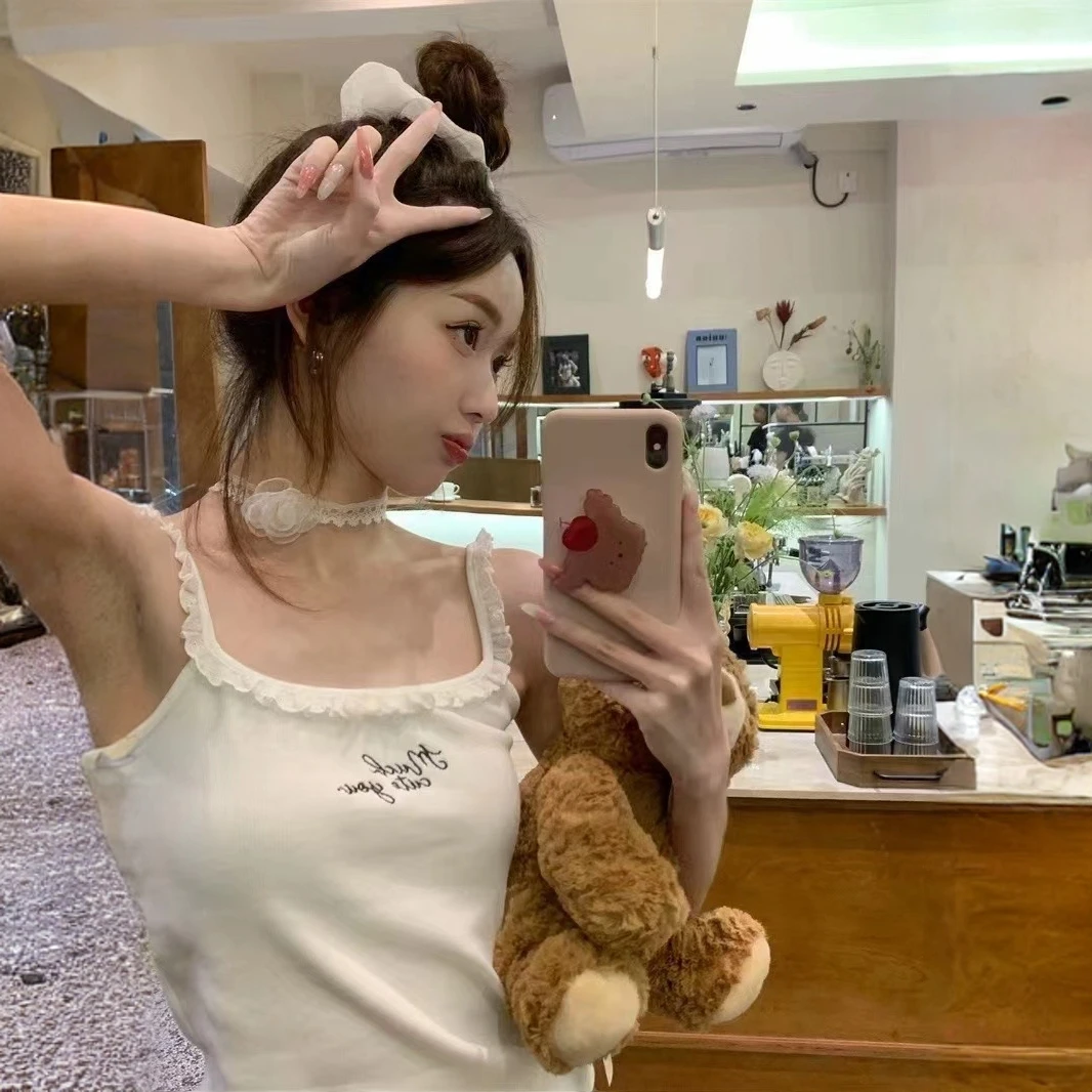 018纯欲bm风别致绝美蕾丝木耳边带胸垫吊带背心无袖内搭打底白色