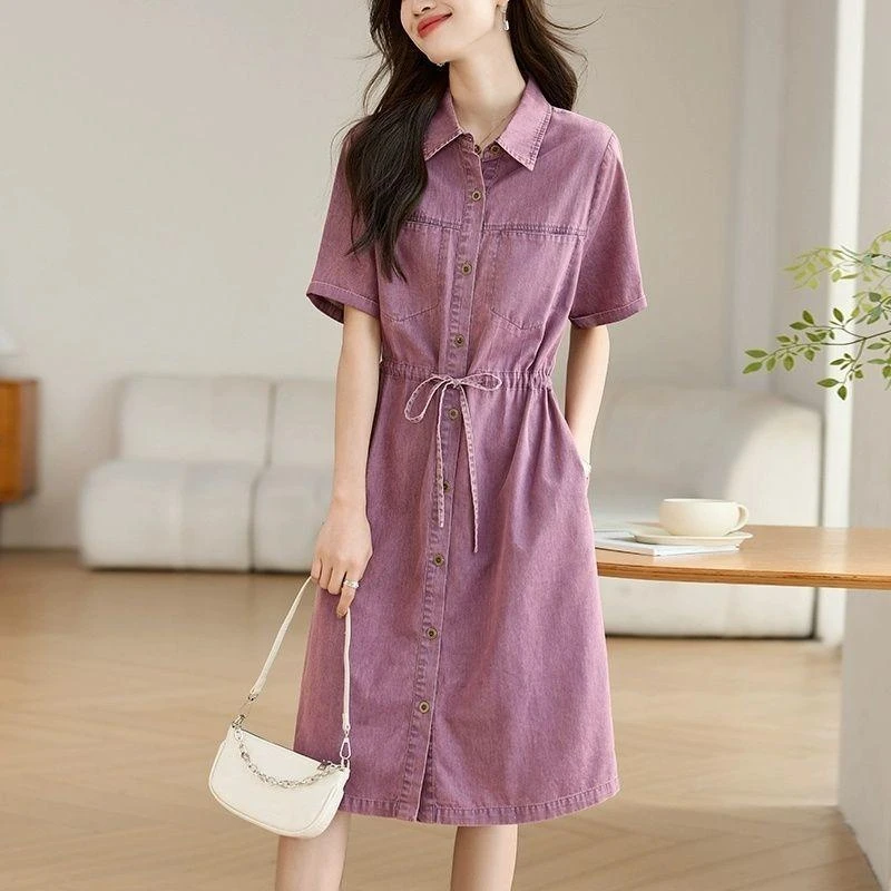休闲短袖牛仔连衣裙女中长款夏季薄款2025新款收腰高级感衬衫裙子