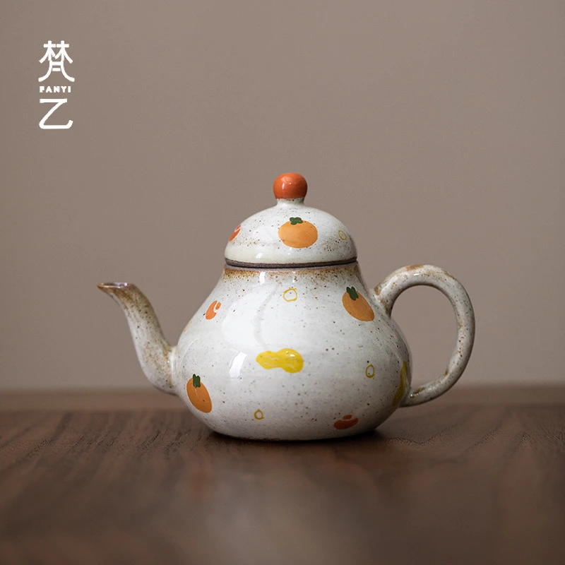 梵乙手绘柿子粗陶茶壶复古釉下彩家用陶瓷泡茶壶功夫茶具手执壶