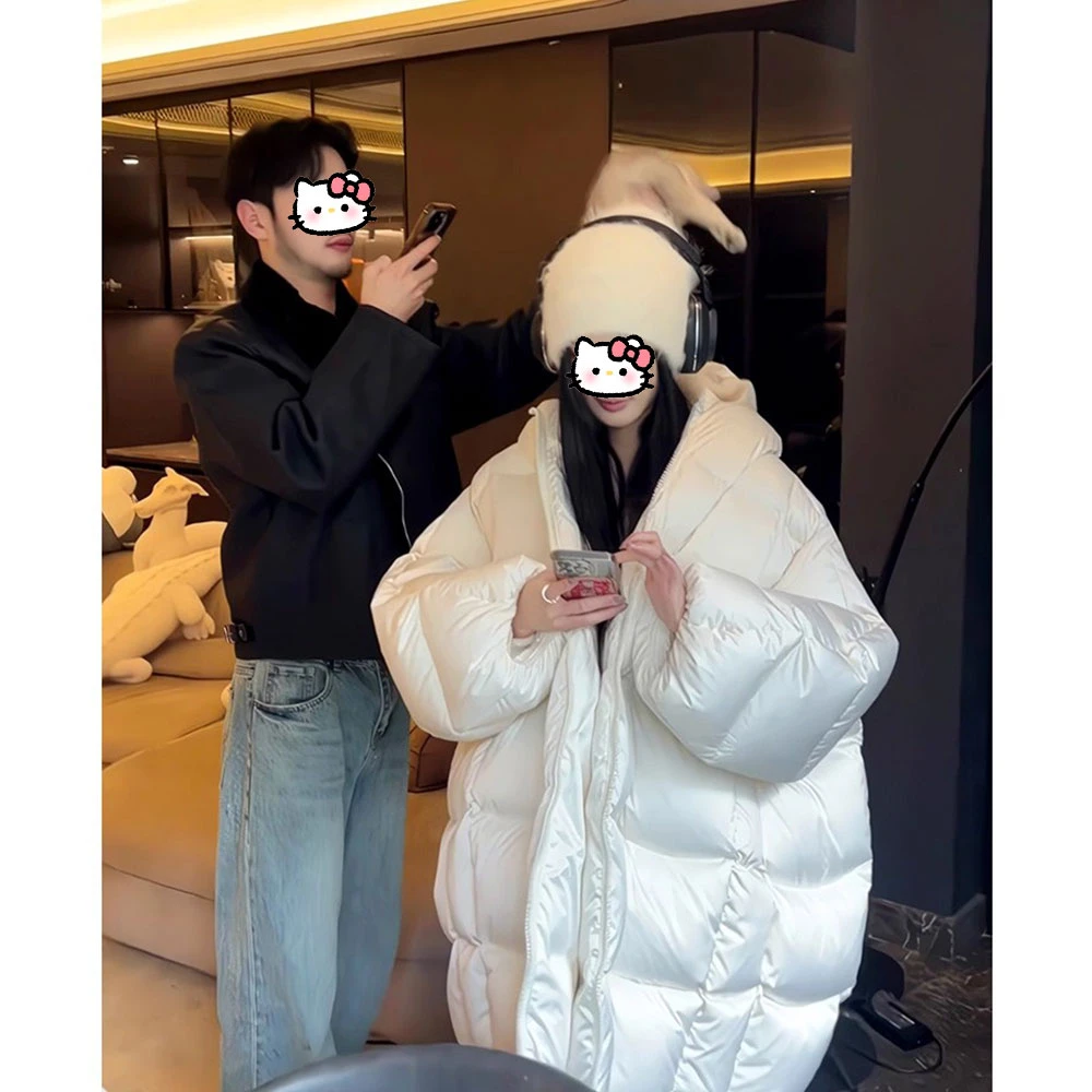 【现货】韩系中长款白色连帽棉服女2025冬季新款高级感加厚棉袄外套