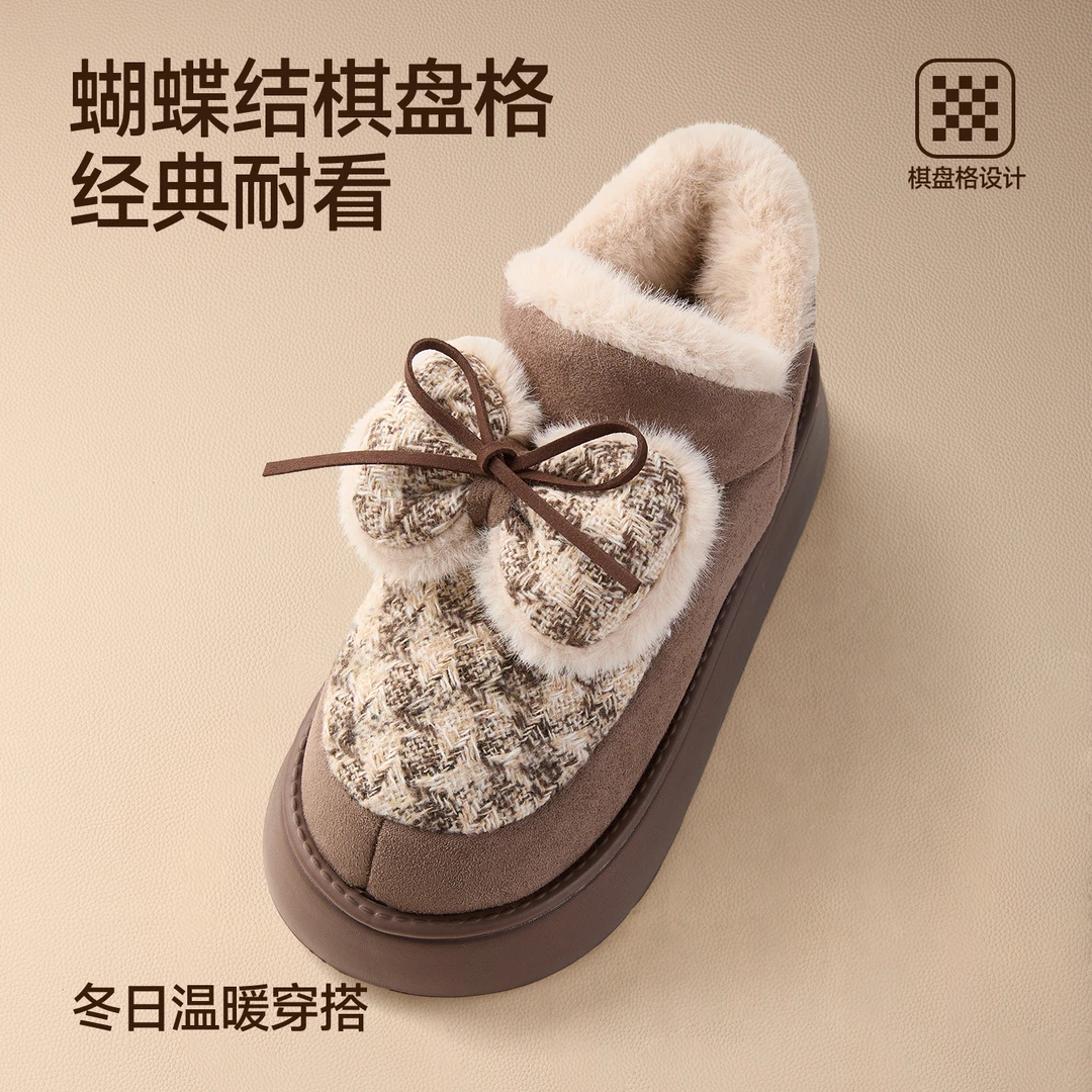 复古厚底短筒蝴蝶结雪地靴ins时尚女款2025秋冬新款加绒勃肯棉鞋