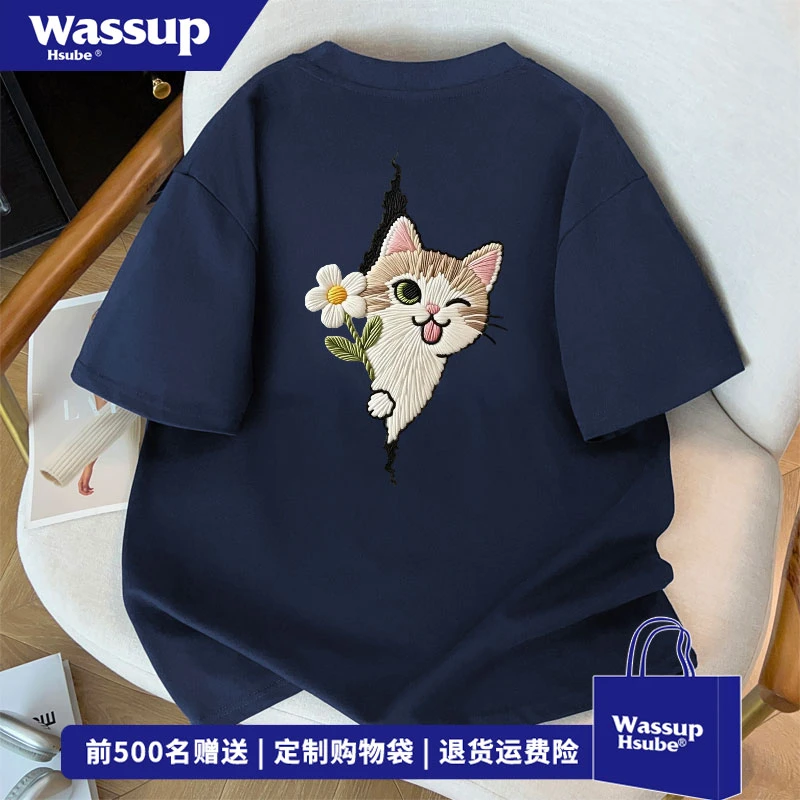 WASSUP HSUBE创意猫咪印花短袖T恤男女夏季时尚潮牌休闲半袖上衣