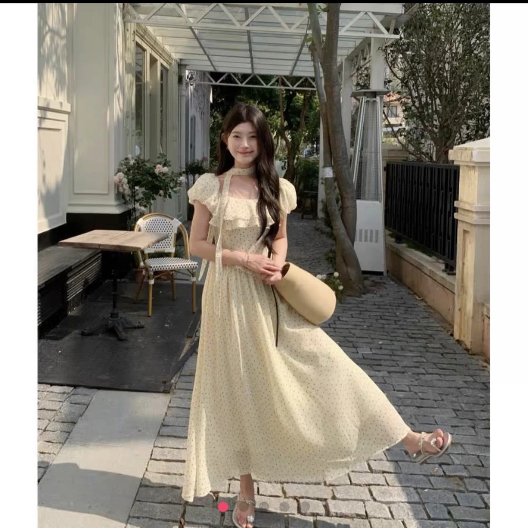 小个子温柔米黄色波点连衣裙8537