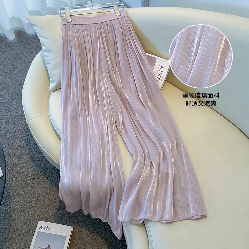 拉夏贝尔流光纱百褶阔腿裤裙女2025夏季新款显瘦垂感宽松休闲裙裤