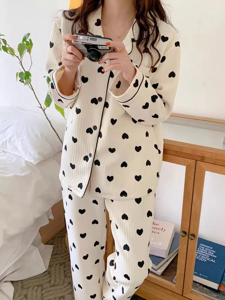 尾单#30波点夹层秋冬款睡衣套装女