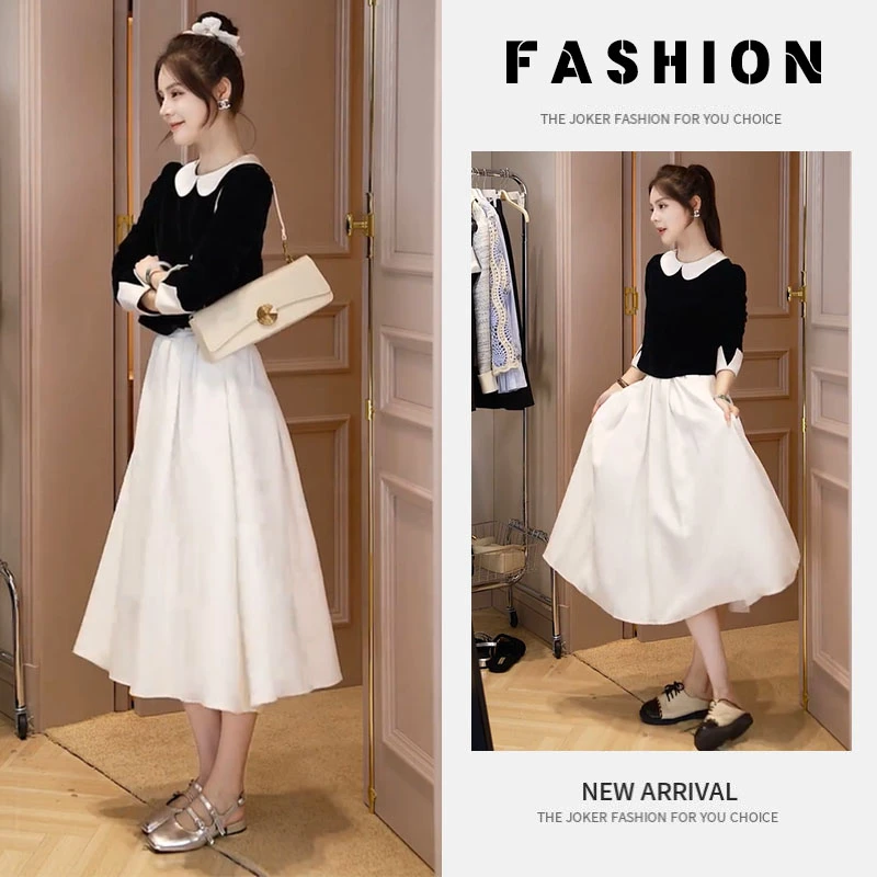 早春一整套女装2025新款韩版娃娃领甜美衬衫遮肉温柔半身裙两件套