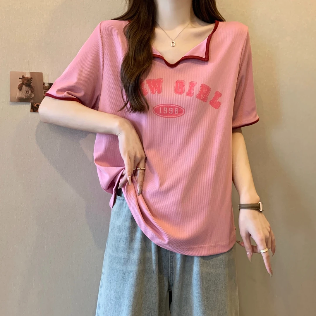 大领口粉色正肩短袖t恤女夏季大码胖mm显瘦遮肚子宽松洋气V领上衣
