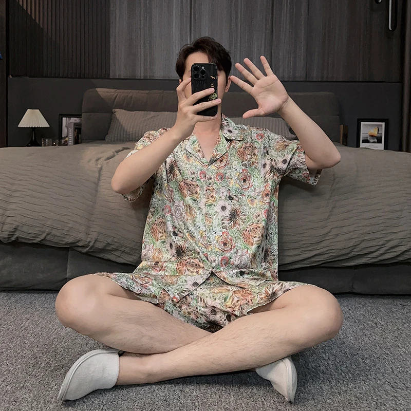 睡衣男夏季2025新款冰丝短袖短裤男士夏天薄款可外穿家居服男套装