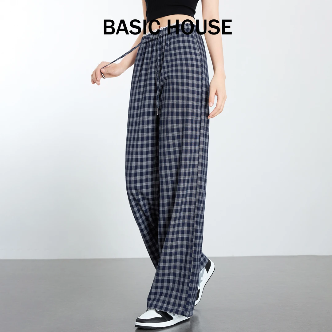 Basic House/百家好阔腿口袋可调抽绳休闲薄款蕾丝边格子裤4372 Y