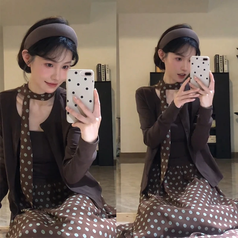 B791+B792韩系甜美减龄温柔吊带上衣针织开衫波点半身裙三件套女