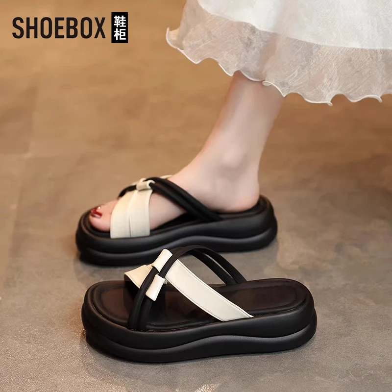 SHOEBOX鞋柜凉拖鞋女外穿2025夏款厚底沙滩凉鞋百搭休闲一字拖
