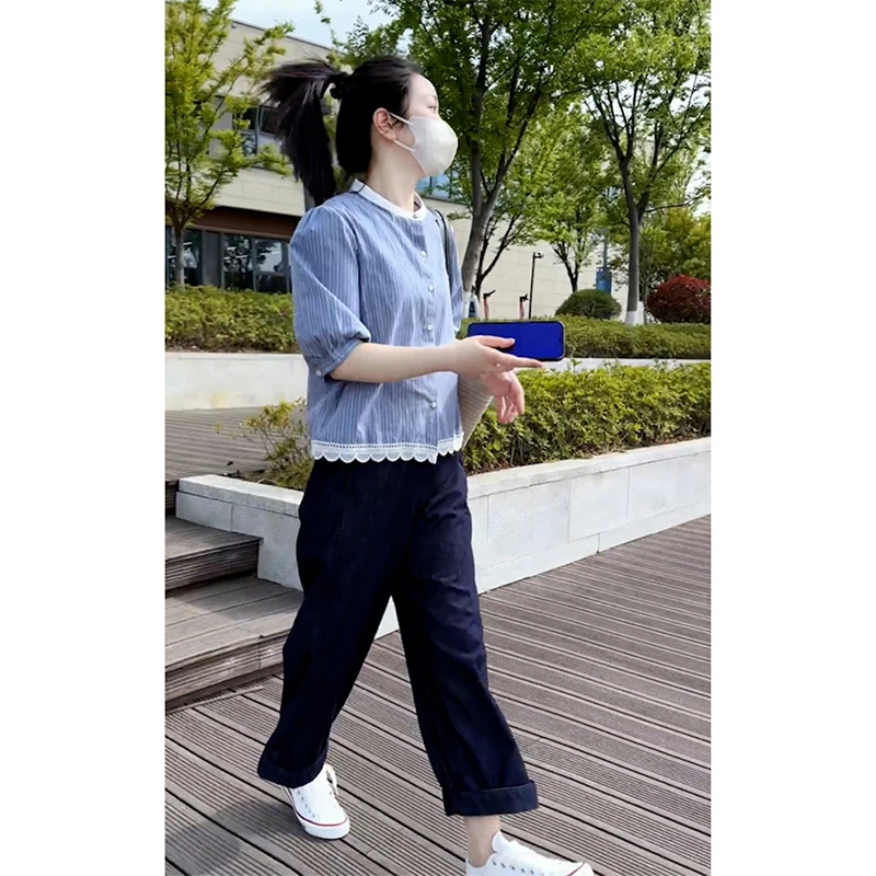 小个子穿搭一整套女夏季爆款设计感小众条纹衬衫直筒休闲裤两件套