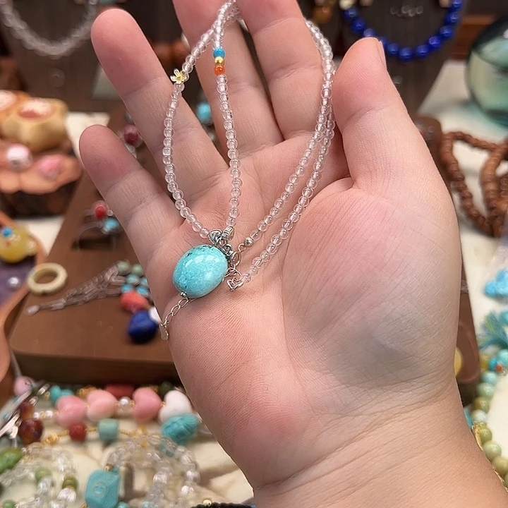 纯银绿松白水晶项链