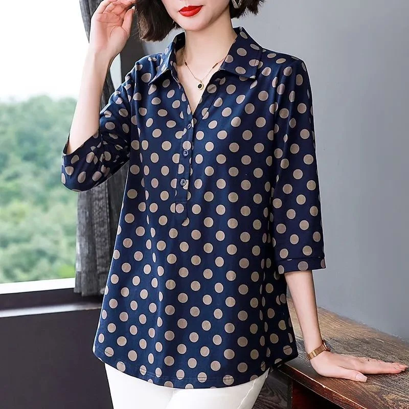 波点t恤女2025夏季新款七分袖翻领宽松女士上衣减龄纯棉妈妈体恤