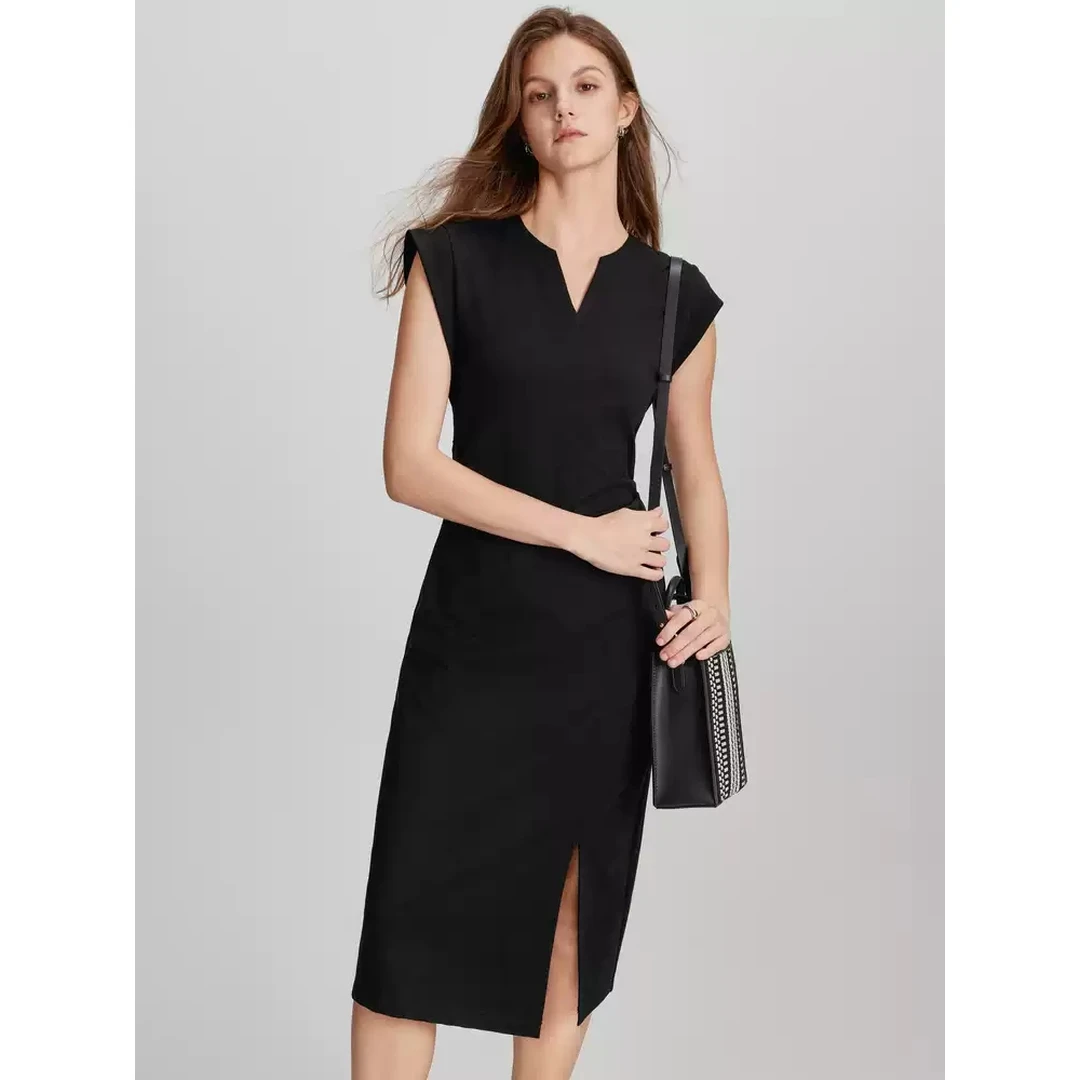 【胖虎家】E 夏季新款 简约小众贵系设计感收腰开叉修身连衣裙