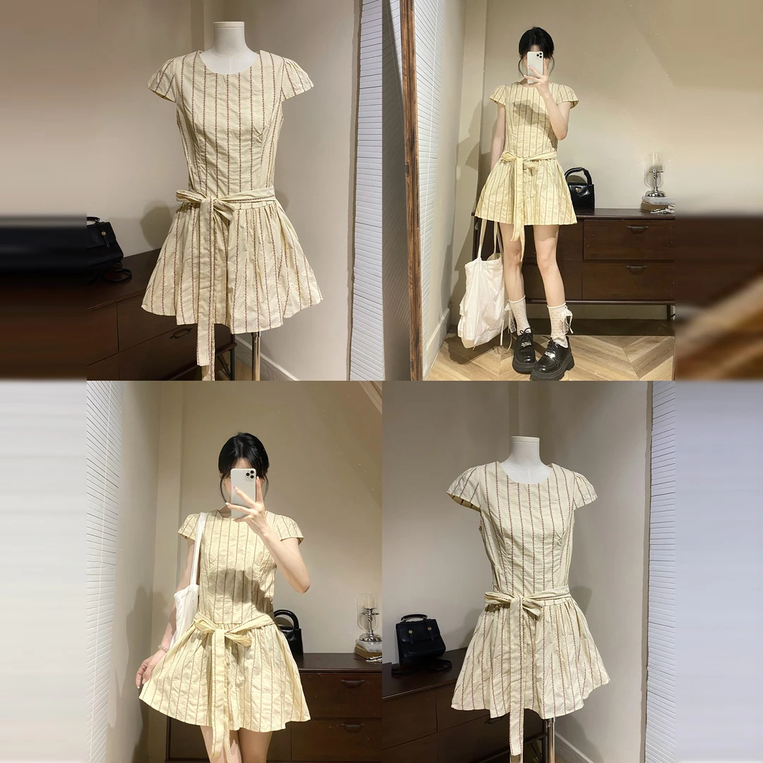 法式小个子条纹短袖连衣裙子女夏季2025新款气质巨好看收腰短裙
