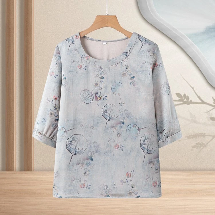 2025年新款圆领印花5分袖妈妈装中老年装时尚舒适丝滑清凉春夏装