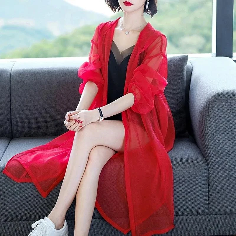 连帽防晒衣女夏季2025新款中长款长袖款百搭透气雪纺开衫外套