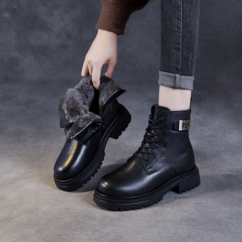 【老龙原创】头层牛皮马丁靴女2024冬季加厚短靴新款英伦东北大棉鞋