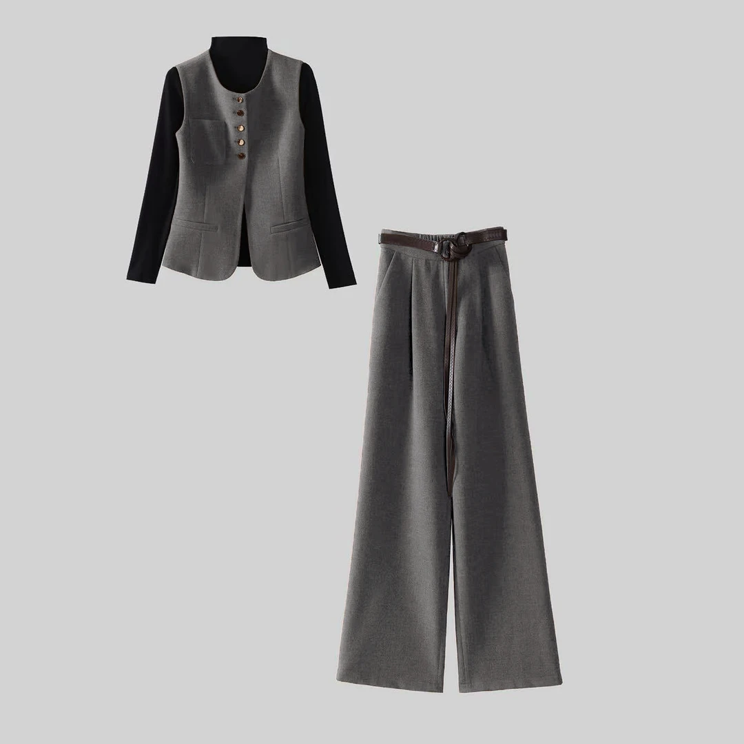 H538一整套韩系穿搭高级感打底衫马甲阔腿裤腰带四件套