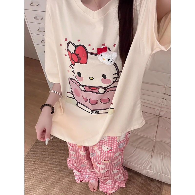 【格子Kitty】韩版少女甜美睡衣女夏季荷叶边长裤家居服可外穿套装