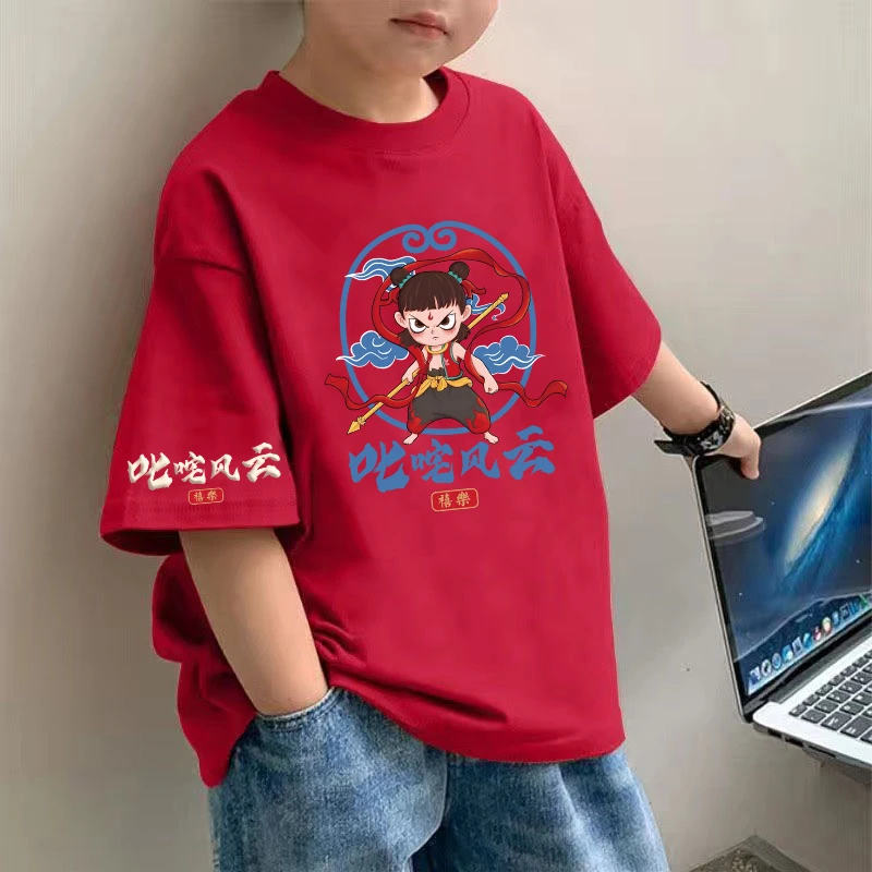 儿童t恤夏季2025新款短袖男童中大童夏款纯棉哪吒卡通印花上衣潮