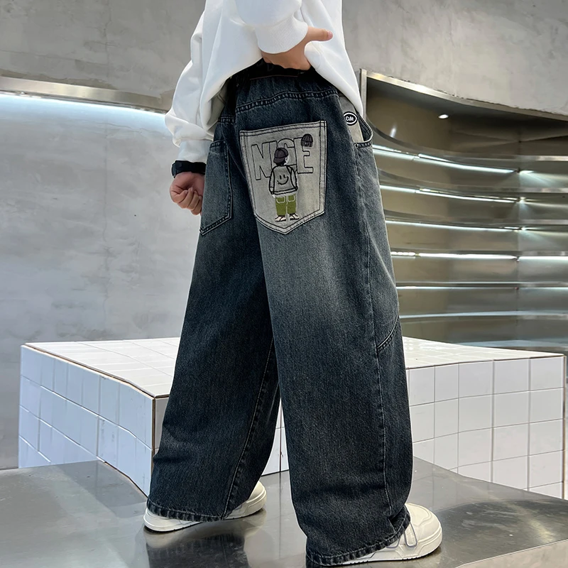 男童秋装中腰牛仔裤长裤男童阔腿春装宽松春季秋季男孩休闲裤子潮