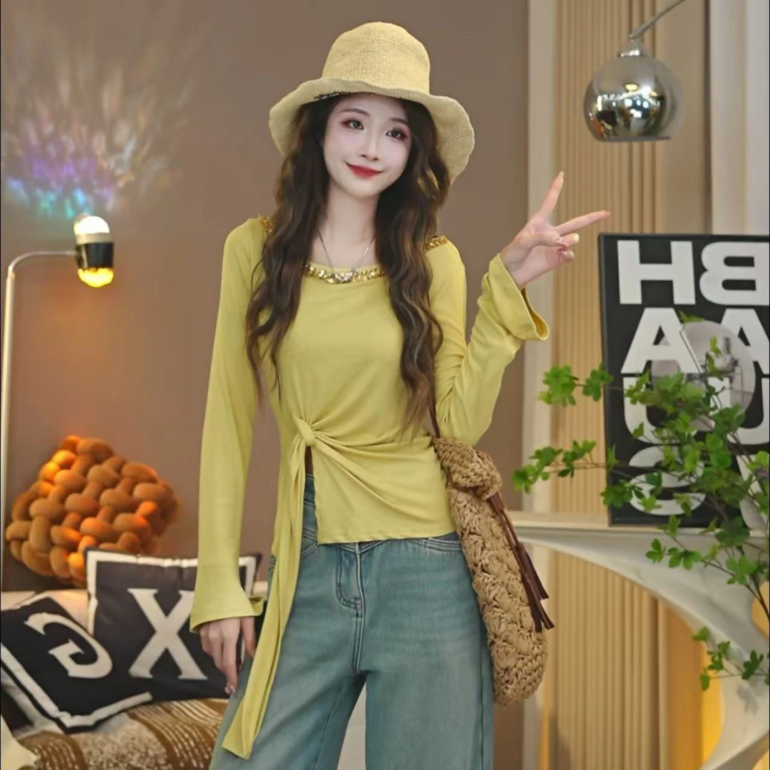 笑歌-亮片拼接大圆领纯色不规则下摆长袖上衣-百搭时尚