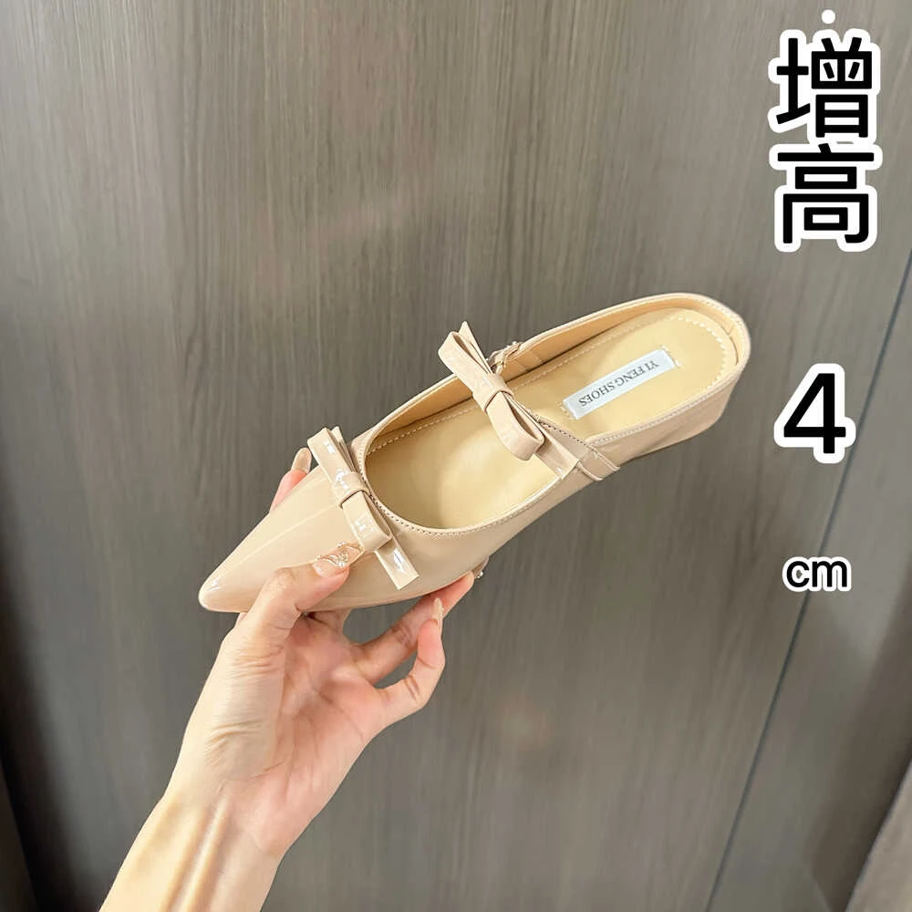 甜心少女增高4公分双蝴蝶结裸色半拖法式温柔凉拖鞋女外穿仙女风