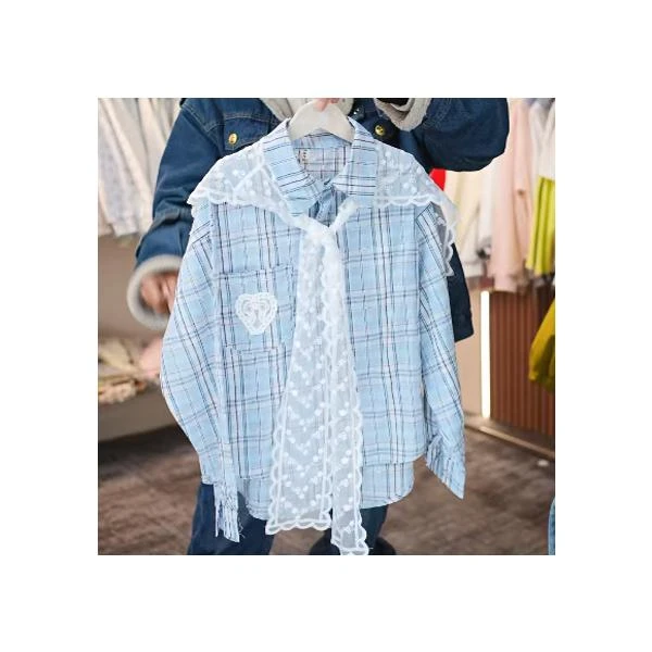 5527 春款蕾丝披肩爱心格子衬衣