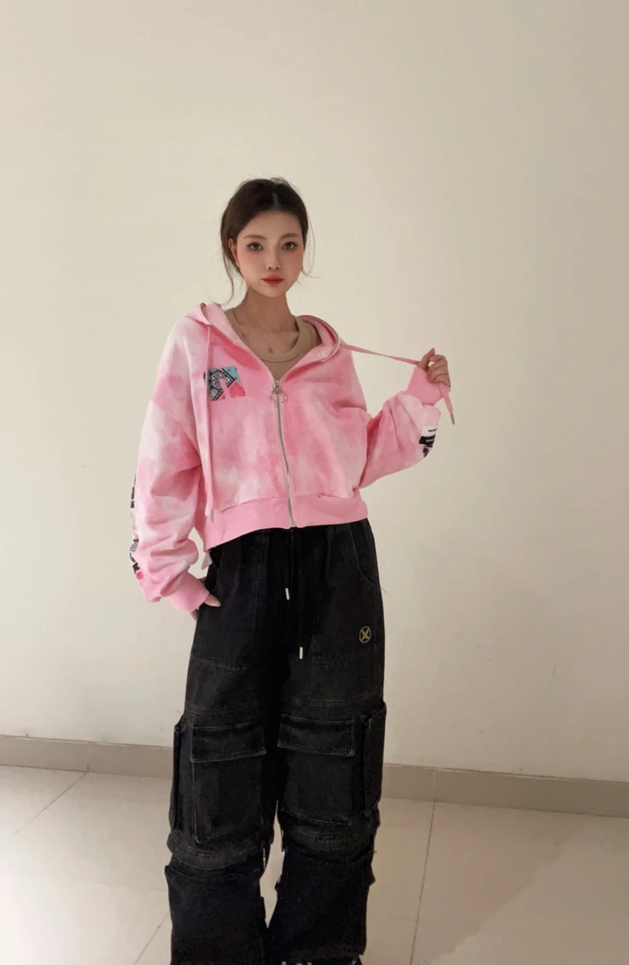 ooxoo宽松连帽修身短款韩版印花外套休闲显瘦设计感卫衣上衣春秋