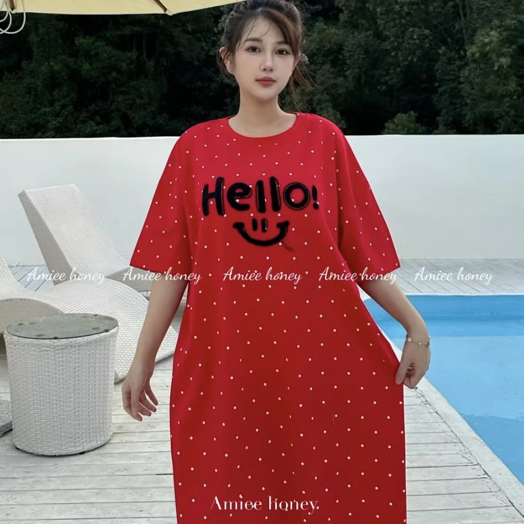 红色睡裙女圆点笑脸短袖家居服中长款慵懒风韩版宽松薄款棉质弹力