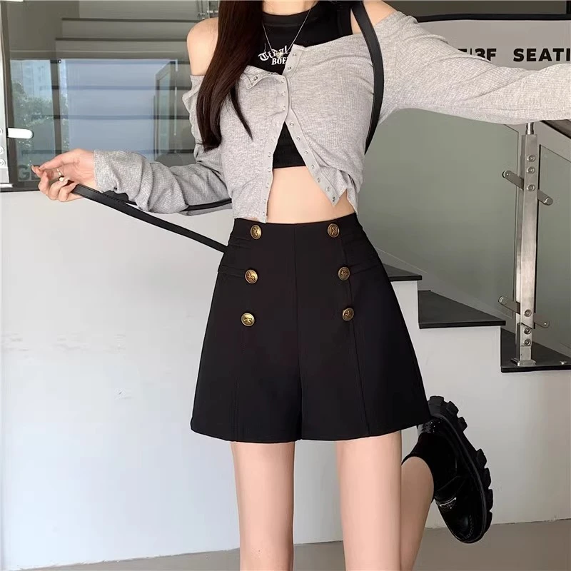 西装短裤女秋冬新款宽松小个子热裤高腰显瘦遮肚a字阔腿裤外穿黑