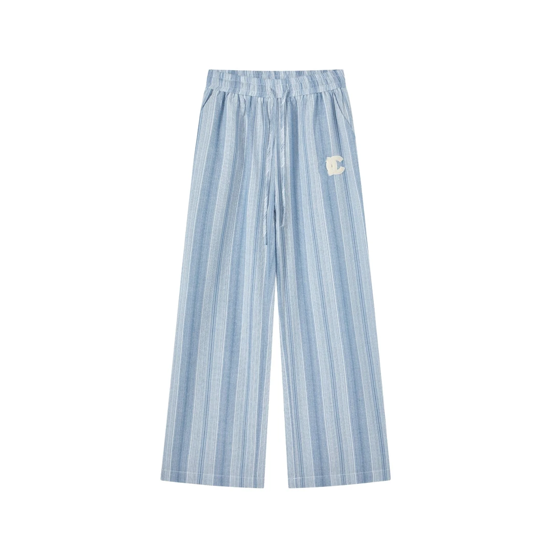 高奢夏季直筒休闲裤女薄款中腰条纹阔腿裤5033